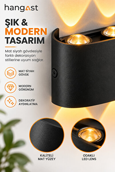 HANGAST OVAL Amber 3 LED Pilli Duvar Apliği Çift Yönlü Işık Siyah Dekoratif Duvar Lambası 16x10 cm