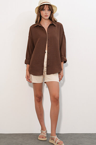Modamorfo Women's Oversize Linen Shirt 20338 - Brown