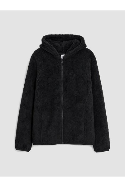 LC Waikiki Siyah Kapüşonlu Kız Çocuk Pelüş Fermuarlı Sweatshirt