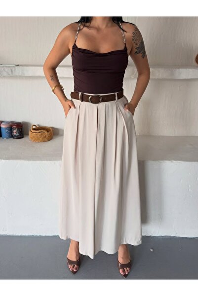 NEW JOURNAL Women's Pleated High Waist Wide Leg Pants with Stone Belt Mi̇n5003