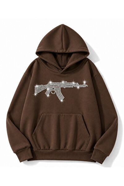 MOONBULL Erkek Tüfek Taş Baskılı 3 İplik Kışlık Kapüşonlu Kanguru Cepli Oversize Sweatshirt