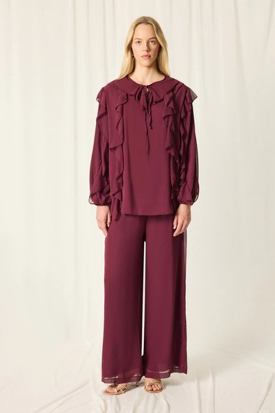Moda Aydın Butik Women's Ruffle Pants and Top Set - Burgundy