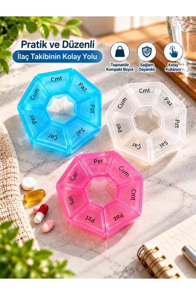QesQin 7 Günlük Haftalık İlaç Kutusu – Bölmeli Hap ve Vitamin Düzenleyici, Ko...
