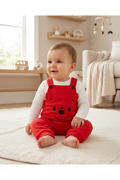 EFEYOO İKİLİ(2'Lİ) KIRMIZI Pamuklu Ayıcık Desenli unisex Bebek Tulum ve hayva...