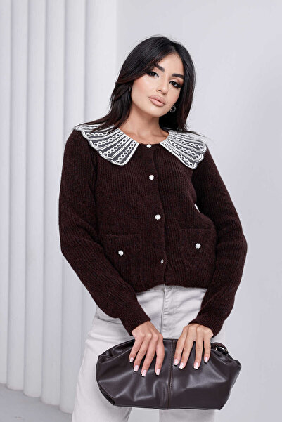 For Angels Cardigan cu guler din dantelă și buzunare cu nasturi
