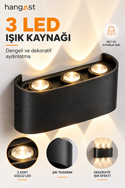 HANGAST OVAL | GünIşığı Pilli Çift Yönlü Duvar Apliği 3 LED Gün Işığı Siyah Dekoratif Kablosuz Duvar Lambası