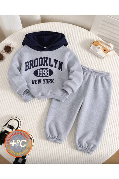 trendyears Kız-Erkek Çocuk Gri Kapşonu Lacivert Brookyln 1998 Baskılı Sweatshirt- Gri Lastik Paça Eşofman Alt-Üst Takım