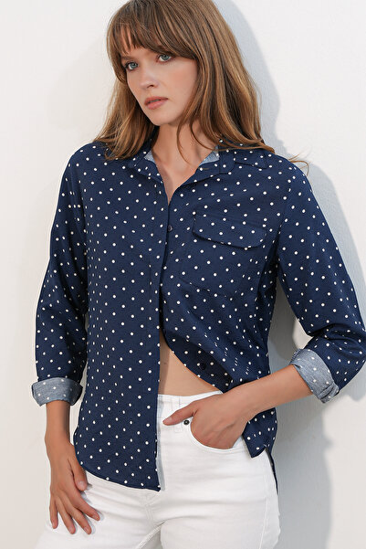 Modamorfo Women's Single Pocket Polka Dot Oversize Shirt 20399 - Navy Blue