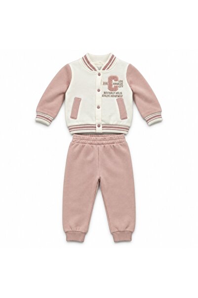 Pure Boutique Trening vatuit fetita 2 piese roz pudrat si crem cu jacheta varsity si pantaloni