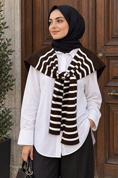 Zeneva Collection Brown and White Striped Square Knitwear Shoulder Scarf 2828