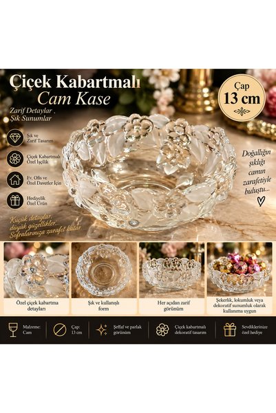 Atak Hediyelik Çiçek Kabartmalı Cam Kase Sunumluk – Şeffaf Dekoratif Şekerlik...
