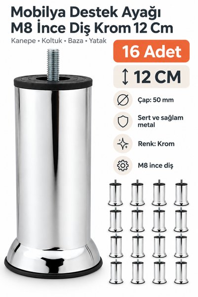 NUBLADO 16 Adet Mobilya Kanepe Koltuk Baza Yatak Çekyat Yükseltme Ayağı M8 Ince Diş Metal Ayakları 12 Cm