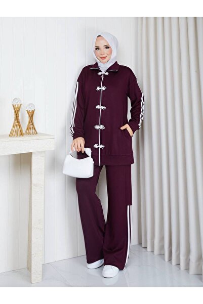 NEW JOURNAL Women's Plum Front Floral Buckle Striped Oysho Sports Set Asf600