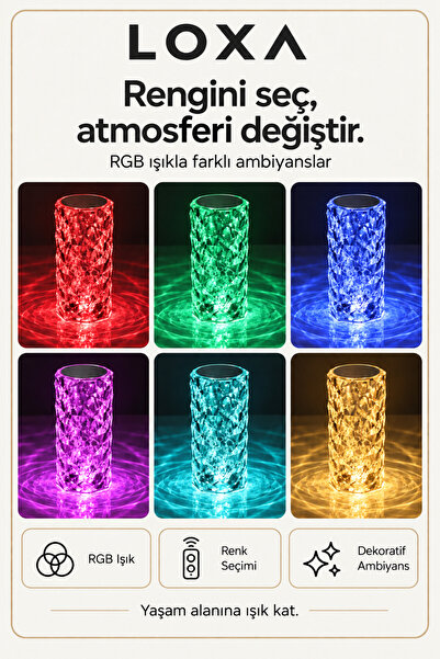 LOXA Kristal Görünümlü RGB LED Masa Lambası, Dokunmatik ve Kumandalı USB-C Şarjlı Dekoratif Gece Lambası