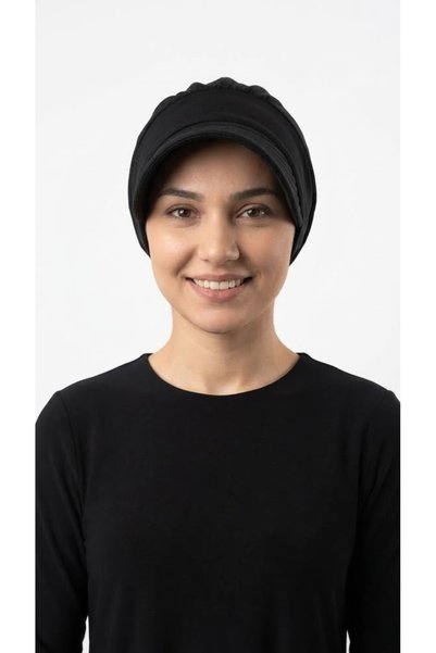 elysianfidan Ela Visor Hat Black Ready-To-Wear Turban Hijab Pool Cap Suitable for Medical Use