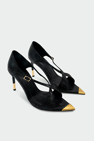 LAMİNTA Ovilla Gold Accessory Detailed Buckle Women's Heeled Shoes - Black