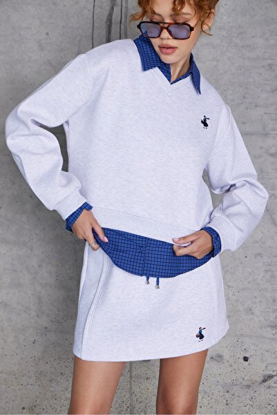 By Pakize Tasarım Gömlek Detaylı Sweatshirt Etek Takım