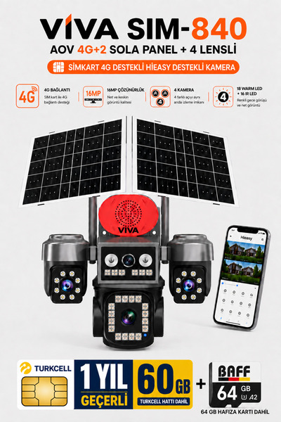 VİVA Sim-840 Çift Güneş Panelli 4G Sim Kartlı Kablosuz 4 Lensli Güvenlik Kame...