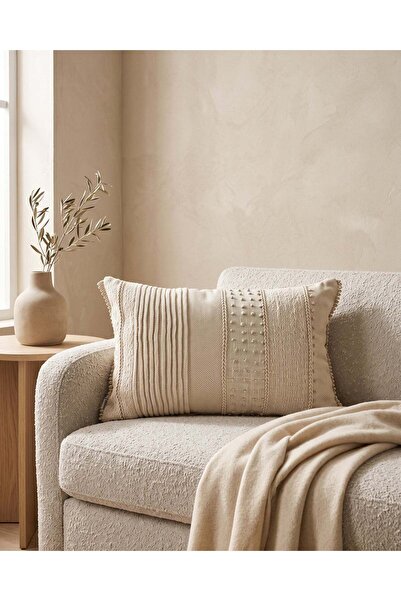 REDTAG Ivory Striped Embroidered Cushion