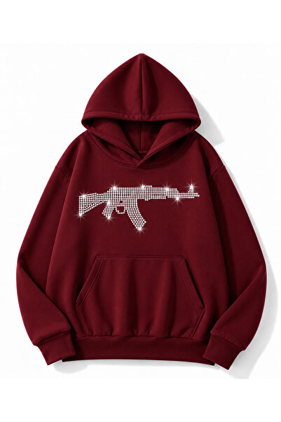MOONBULL Erkek Tüfek Taş Baskılı 3 İplik Kışlık Kapüşonlu Kanguru Cepli Oversize Sweatshirt