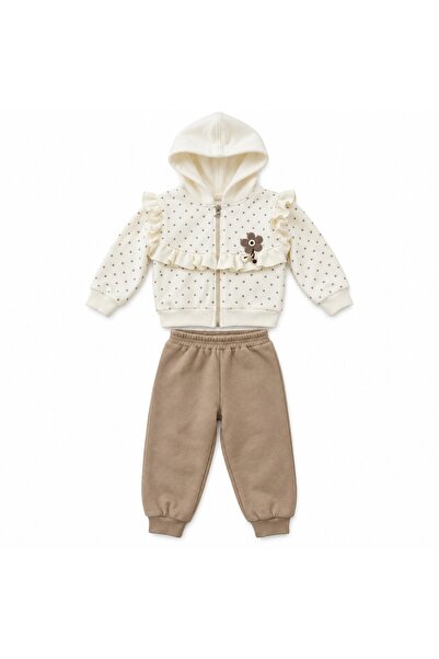 Pure Boutique Trening vatuit fetita 2 piese crem si bej cu volanase, gluga si pantaloni