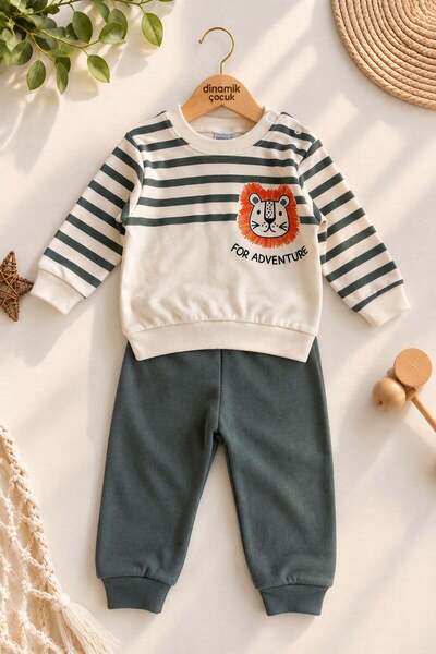 dinamik çocuk Baby boy striped lion print sweatshirt and sweatpants 2-piece s...