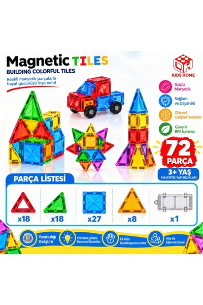 CAN OYUNCAK 72 Parça Mıknatıslı Manyetik Yapı Blokları Eğitici Yaratıcı Blok ...