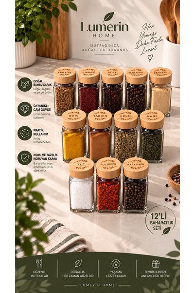 Lumerin 12-Piece Glass Spice Jar Set with Bamboo Lids 120 ml Laser Engraved Spice Jar Spice Storage Container Kitchen Organizer