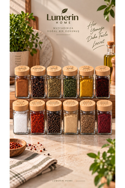Lumerin 12-Piece Glass Spice Jar Set with Bamboo Lids 120 ml Laser Engraved Spice Jar Spice Storage Container Kitchen Organizer
