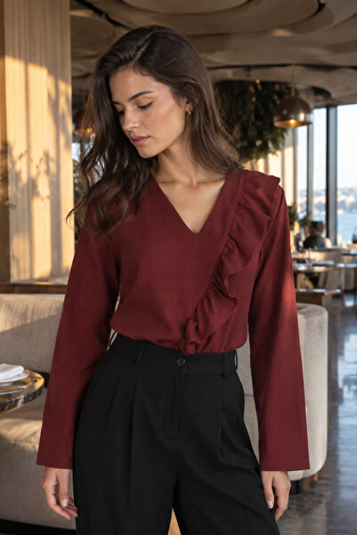 armonika Women's Burgundy V-Neck Side Ruffle Detailed Long Sleeve Blouse Arm-...