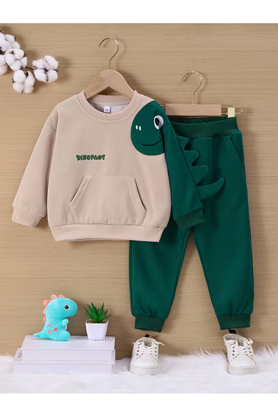 Machetta Çocuk Dinozor Detaylı Bisiklet Yaka Kanguru Cep Sweatshirt ve Jogger Eşofman Altı 2’li Takım