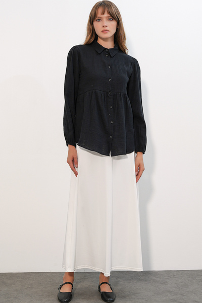 Modamorfo Women's Textured Oversize Linen Shirt 20381 - Black