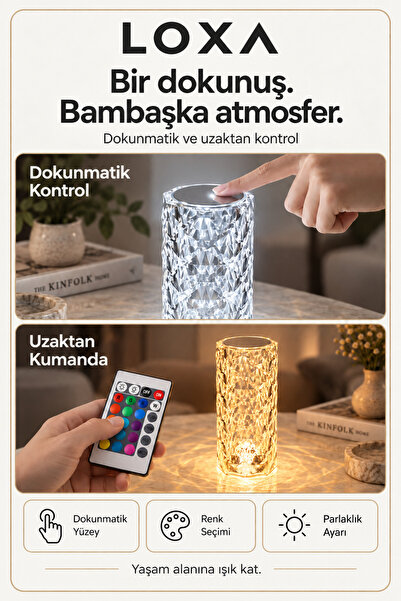 LOXA Kristal Görünümlü RGB LED Masa Lambası, Dokunmatik ve Kumandalı USB-C Şarjlı Dekoratif Gece Lambası