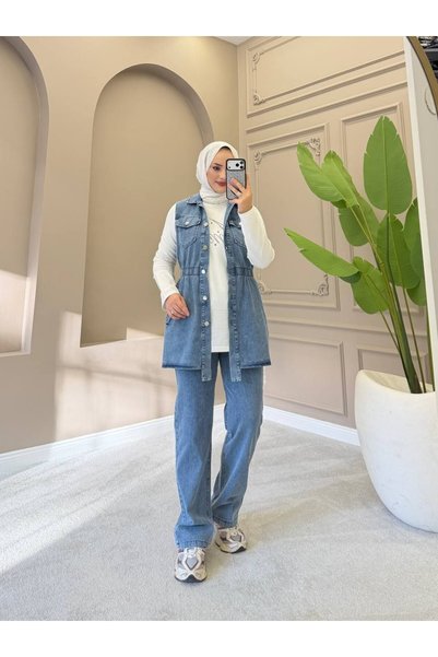 moda4b Kadın 3 Parçalı Kot Takım – Düğmeli Cepli Modern Tesettür Günlük Kombin n-05542 _ Beyaz