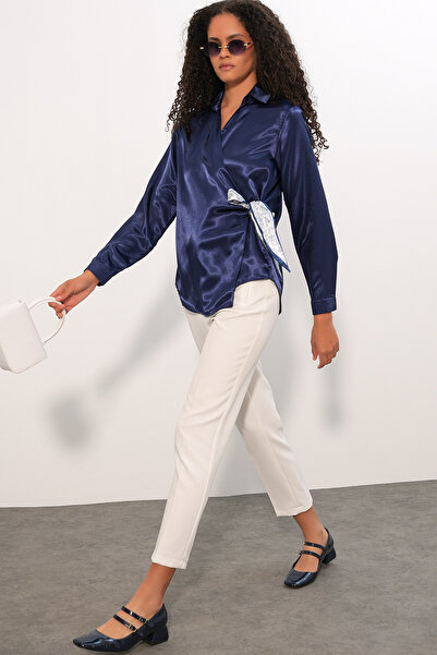 Modamorfo Women's Double-Breasted Satin Shirt 20386 - Navy Blue