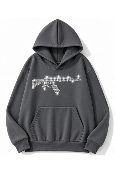 MOONBULL Erkek Tüfek Taş Baskılı 3 İplik Kışlık Kapüşonlu Kanguru Cepli Oversize Sweatshirt