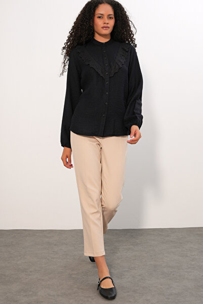 Modamorfo Women's Long Ruffle Shirt 20385 - Black