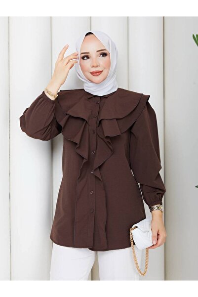 NEW JOURNAL Women's Bitter Brown Layered Collar Shirt with Front Flounces Asf401