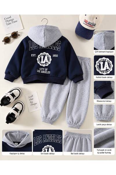 trendyears Kız-Erkek Çocuk Lacivert Kapşonu Gri Sırt Los Angeles Baskılı Sweatshirt- Gri Lastik Paça Eşofman Alt-Üst Takım