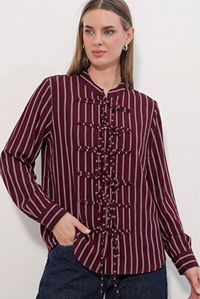 Modamorfo Women's Front-Tie Striped Shirt 20404 - Burgundy