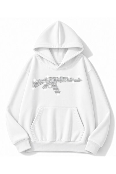 MOONBULL Erkek Tüfek Taş Baskılı 3 İplik Kışlık Kapüşonlu Kanguru Cepli Oversize Sweatshirt