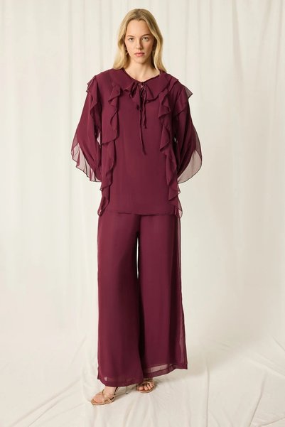 Moda Aydın Butik Women's Ruffle Pants and Top Set - Burgundy
