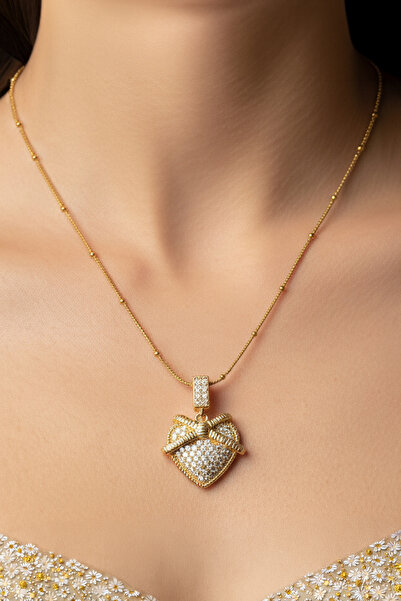 Nearsis Steel Zircon Stone Bowknot Heart Necklace