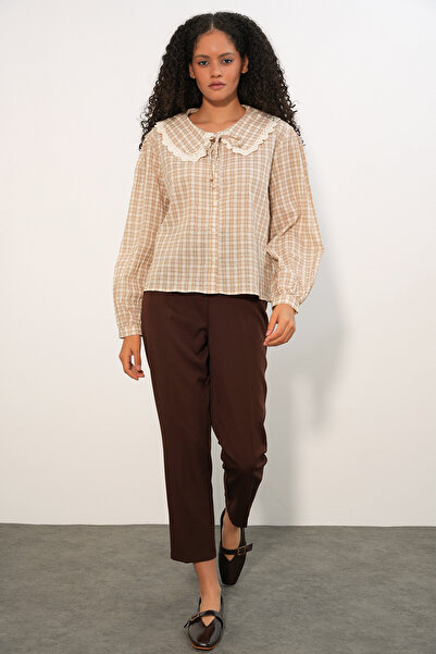 Modamorfo Women's Lace Collar Plaid Shirt 20387 - Mink