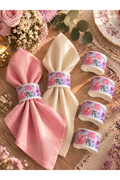 CASA DE BELLA Set of 6 Floral Patterned Porcelain Napkin Rings - Napkin Ring 5cm