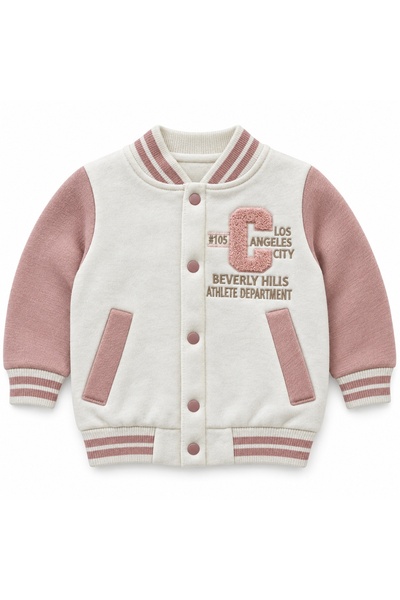 Pure Boutique Trening vatuit fetita 2 piese roz pudrat si crem cu jacheta varsity si pantaloni