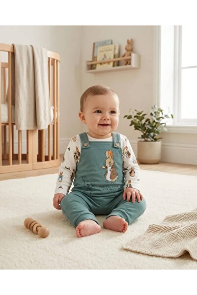 EFEYOO İKİLİ(2'Lİ) YEŞİL Pamuklu tavşan Desenli unisex Bebek Tulum ve hayvan ...