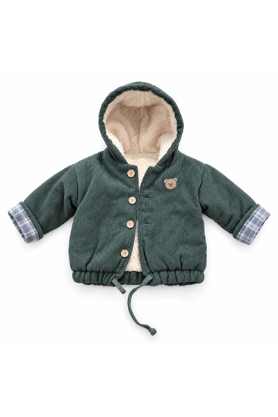Pure Boutique Costum baiat 3 piese bej cu geaca verde din reiat imblanita si gluga