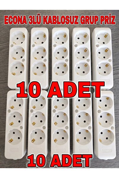 ECONA 10 ADET---Multilet BEYAZ Üçlü Grup Priz Topraklı Klemensli (3lü Kablosu...