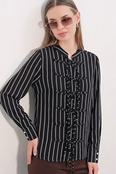 Modamorfo Women's Front-Tie Striped Shirt 20404 - Black